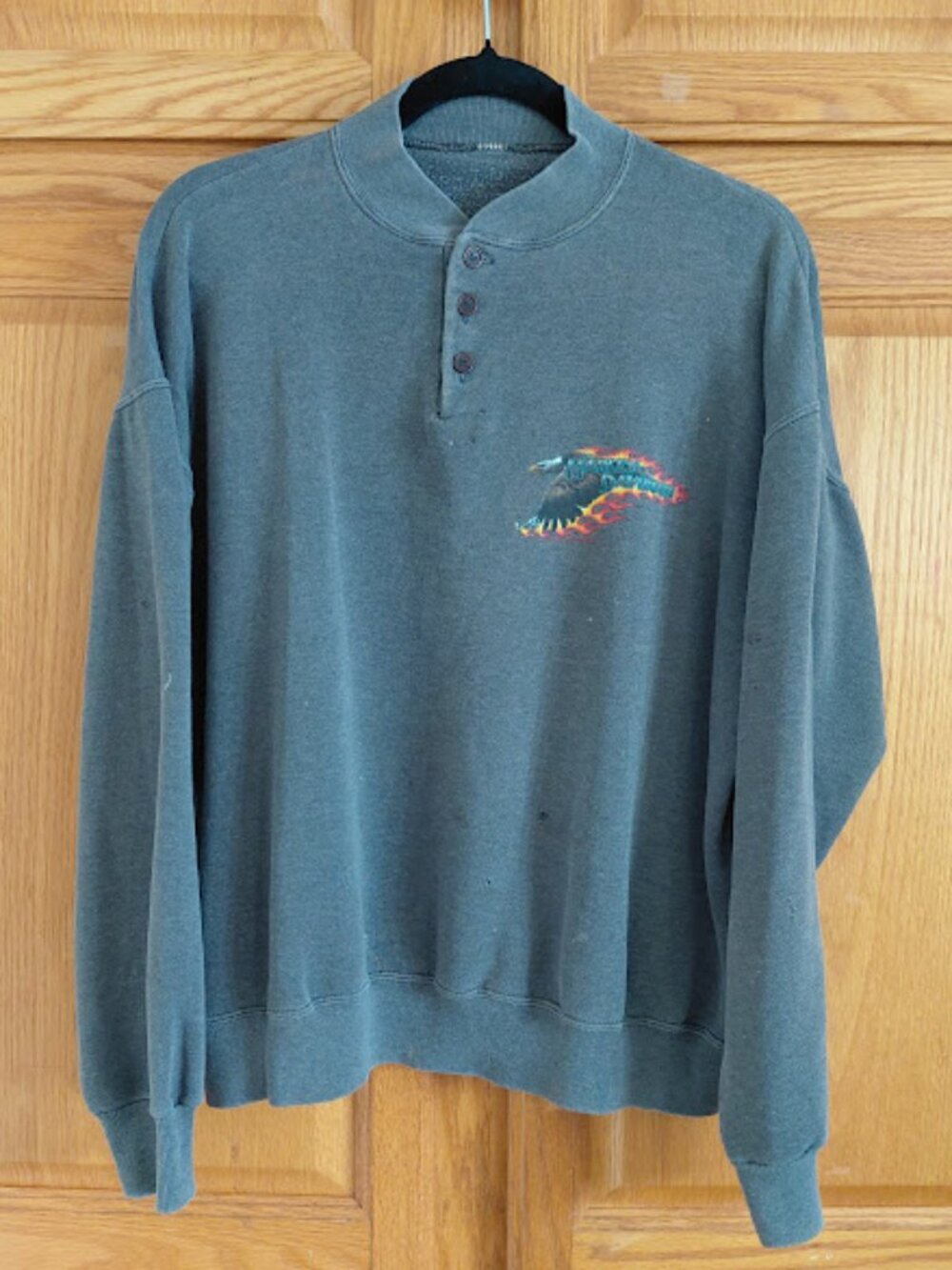 VTG 90's Harley Davidson Henley Crew Neck Flaming Eagle Dark Gray Sweatshirt